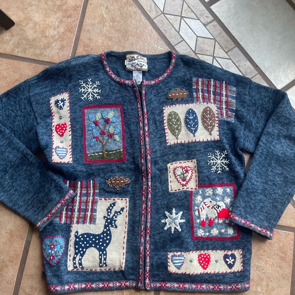 Festive Blue and Red Sweater with Embroidered Designs